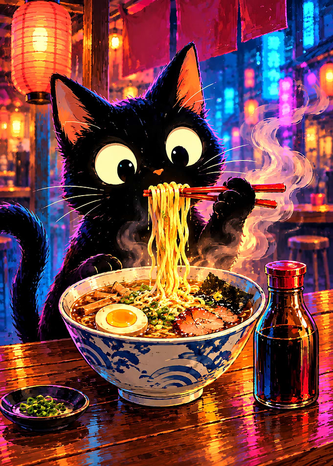 Cute Black Cat Eating Ramen