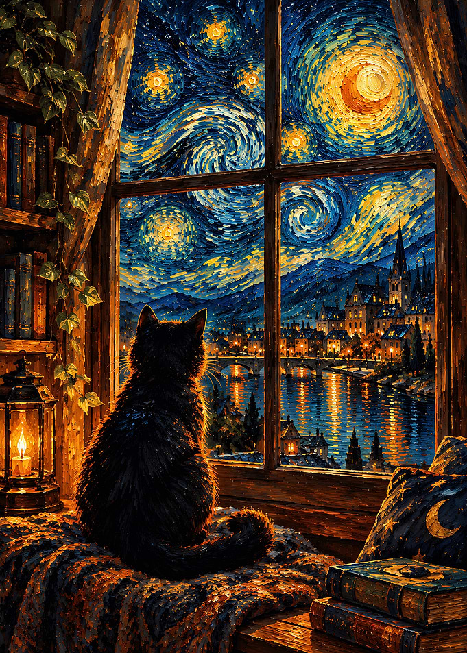 Black Cat Watching Starry Night Cityscape