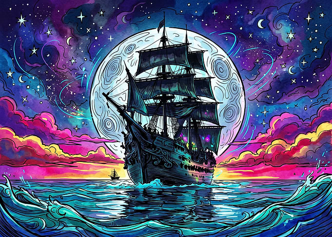 Galleon Sailing Under Giant Moon
