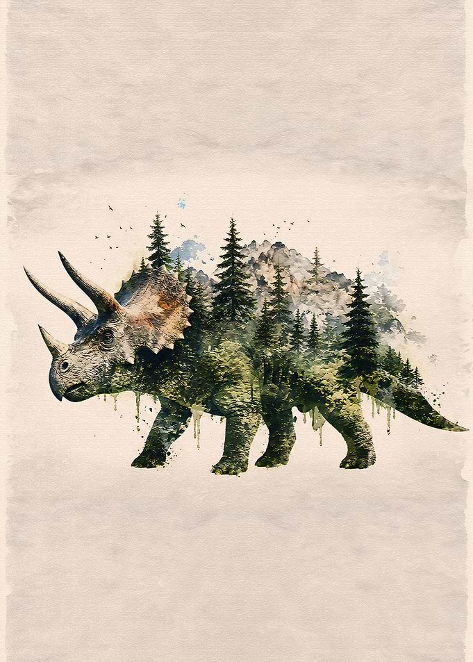Double Exposure Triceratops Forest Art