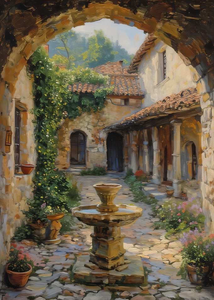 Sunlit Mediterranean Courtyard Fountain