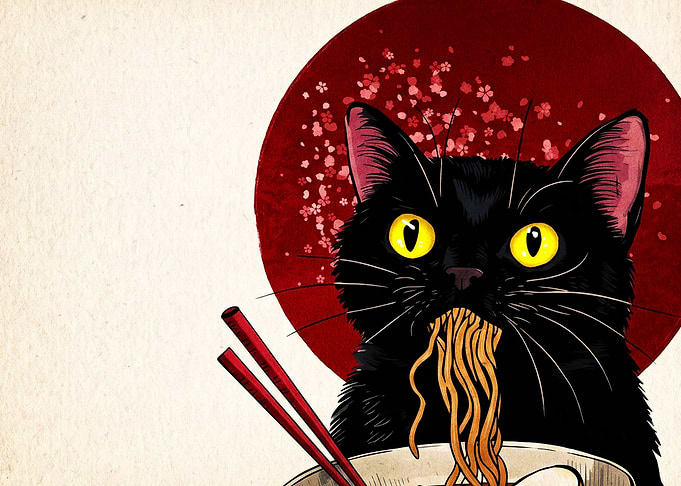 Black Cat Eating Ramen Illustration