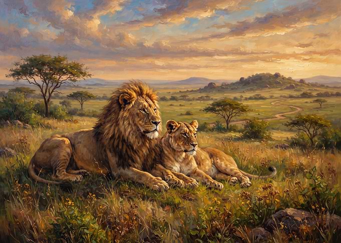 Lion and Lioness in African Savanna