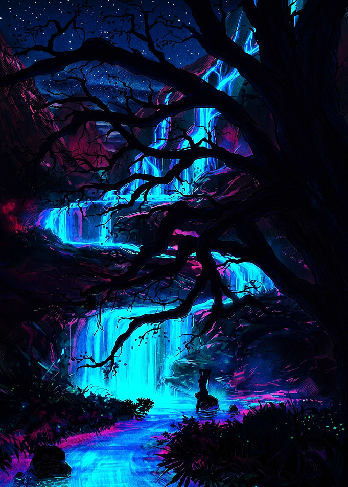 Neon Bioluminescent Waterfall Forest Scene