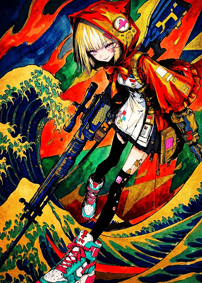 Anime Sniper Girl with Wave Background