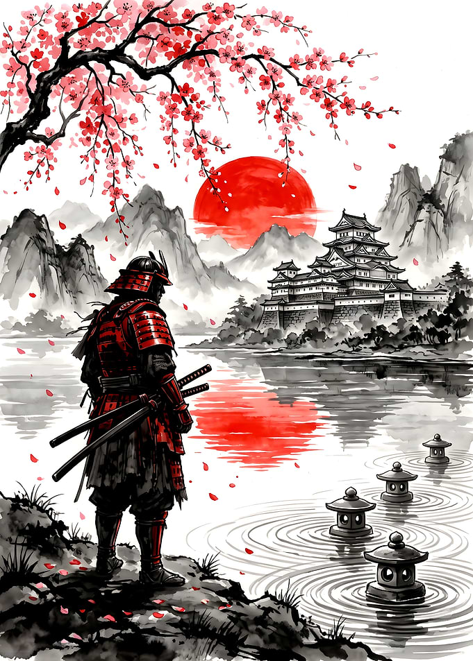 Samurai Standing Before Japanese Castle