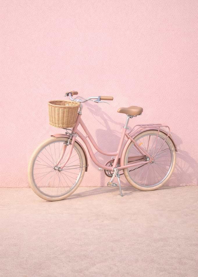 Pastel Pink Bicycle with Wicker Basket - Vintage style