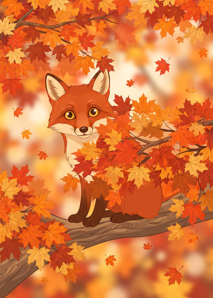 Cute Fox in Autumn Leaves
