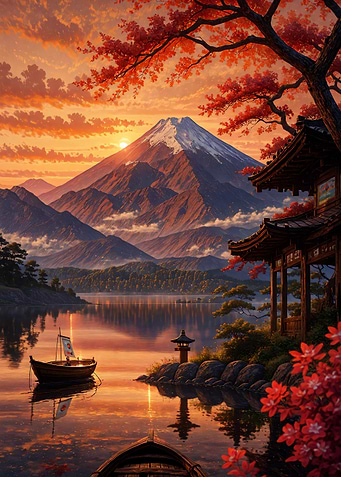 Mount Fuji Sunset Over Lake Japanese Landscape