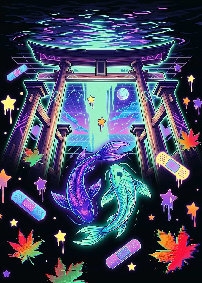 Neon Koi Torii Gate Digital Art
