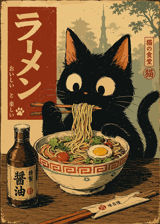 Cute Black Cat Eating Ramen Poster