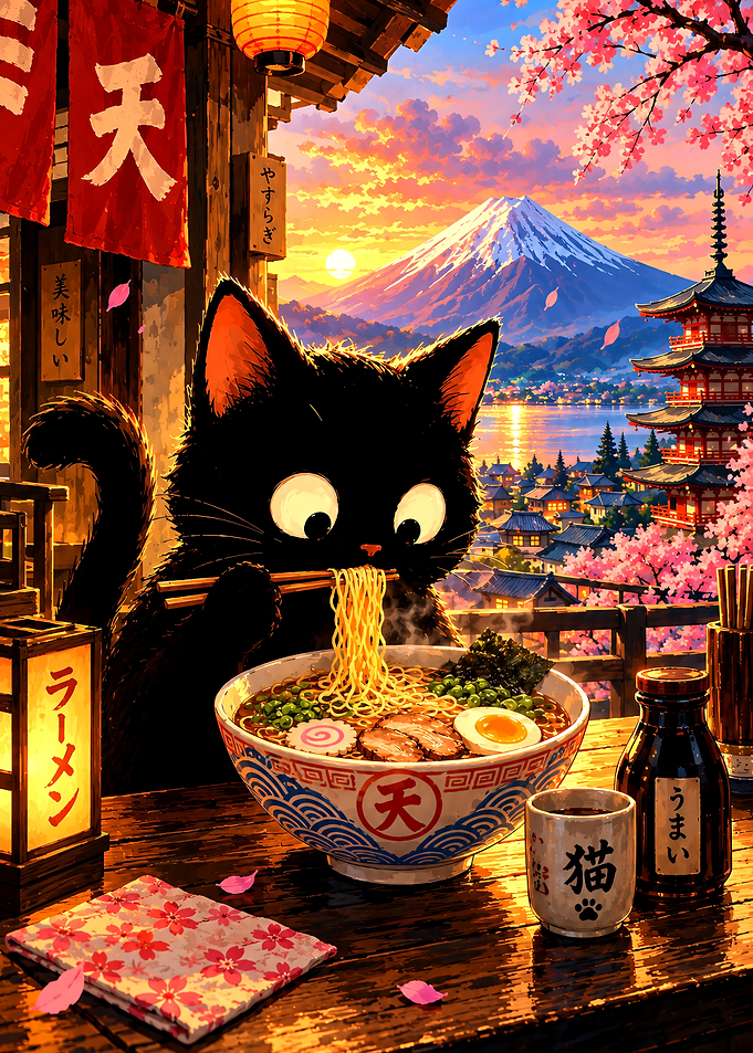 Black Cat Eating Ramen in Japan