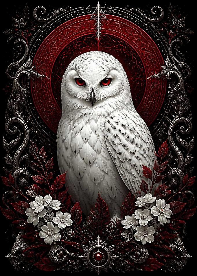 Gothic Snowy Owl with Red Accents