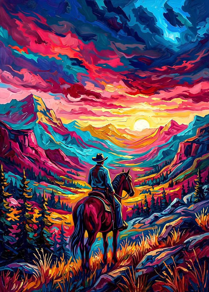 Cowboy Riding Through Vibrant Mountain Sunset