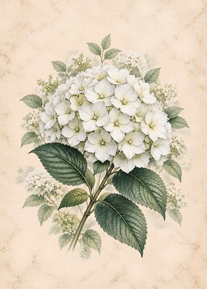 Vintage Botanical White Hydrangea Illustration