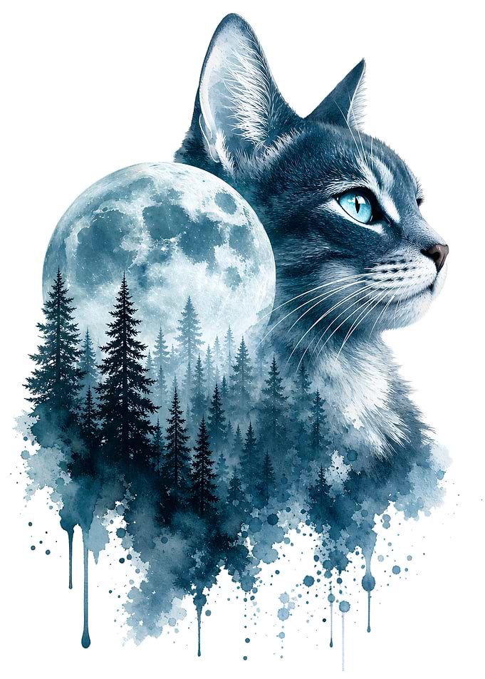 Double Exposure Cat and Forest Moon Nature
