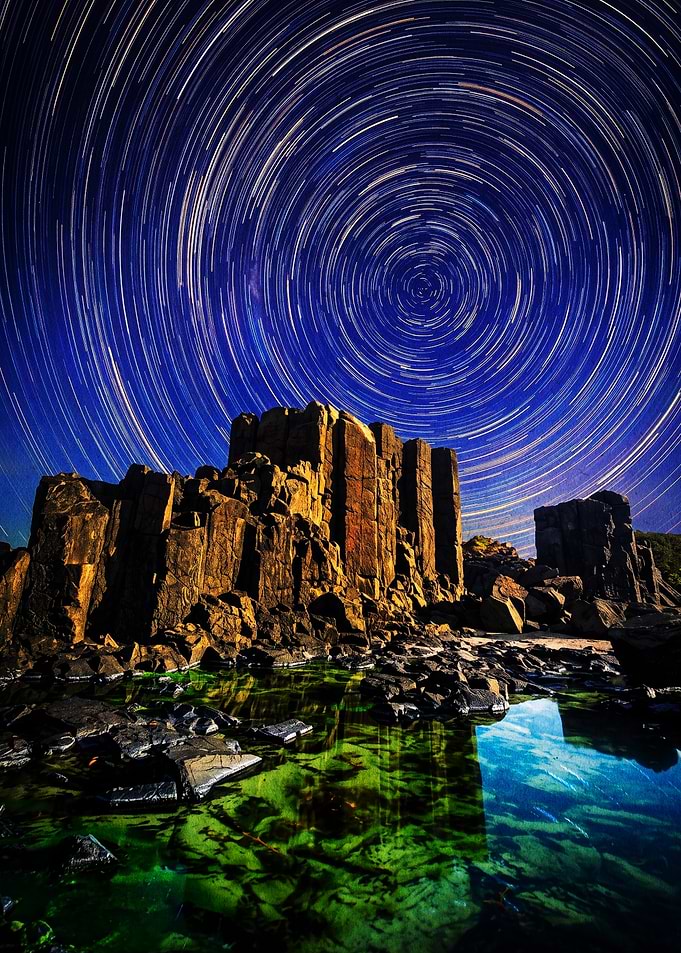 Star Trails Over Basalt Columns