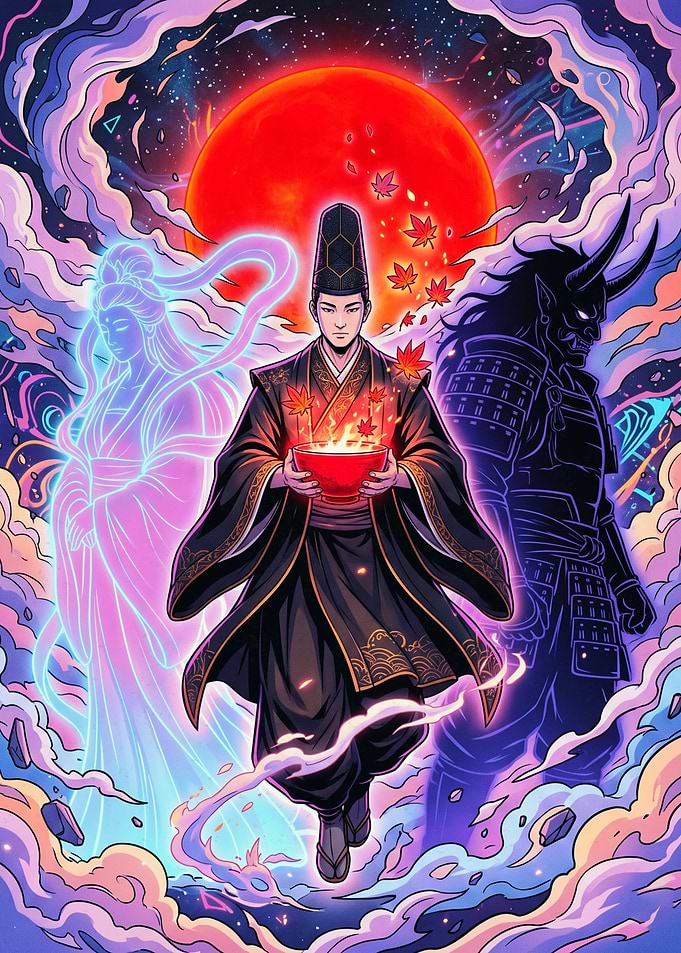 Mystical Japanese Monk with Spirits