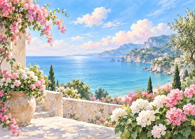 Mediterranean Coastal Terrace with Flowers