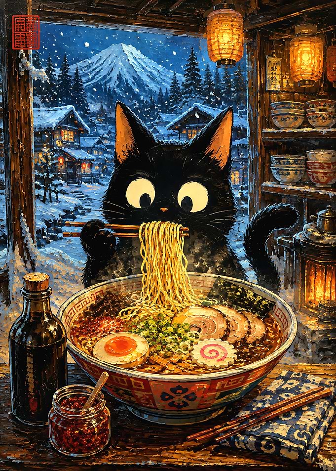 Black Cat Eating Ramen in Winter
