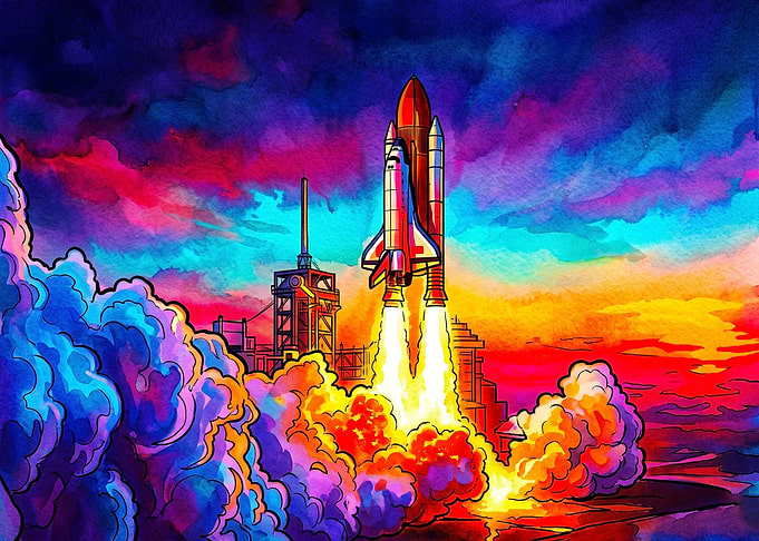 Vibrant Watercolor Space Shuttle Launch