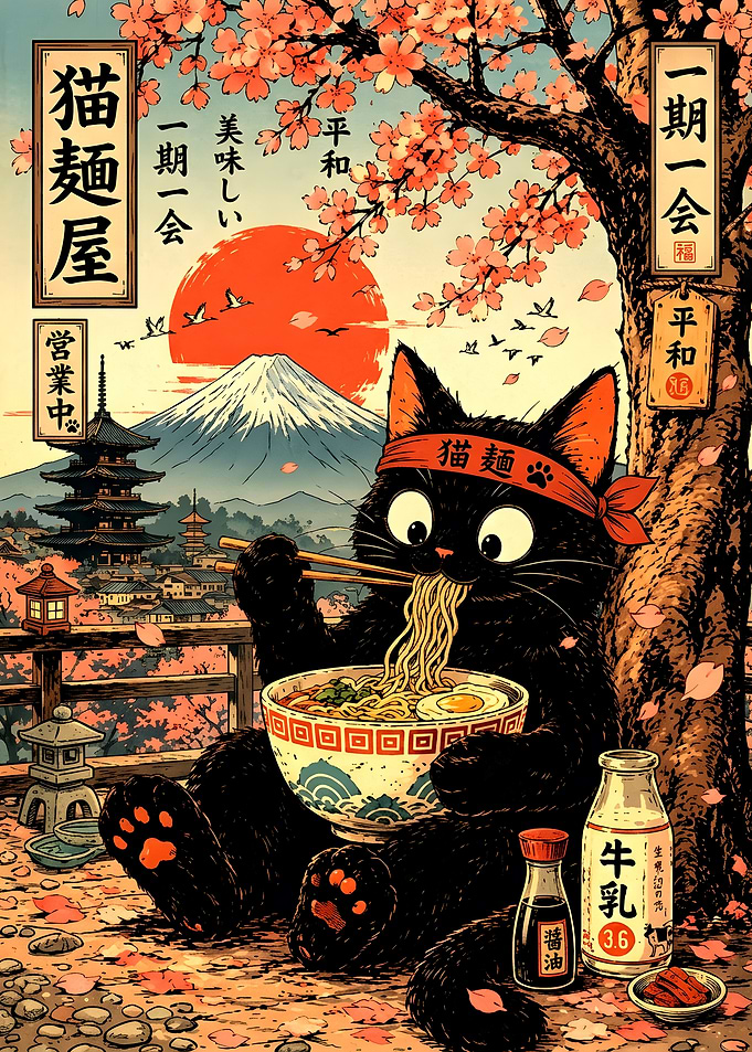 Black Cat Eating Ramen Under Cherry Blossoms