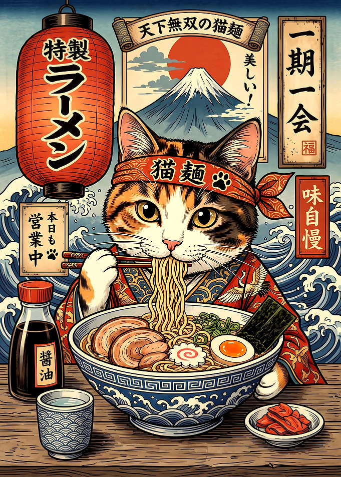 Calico Cat Eating Ramen Illustration