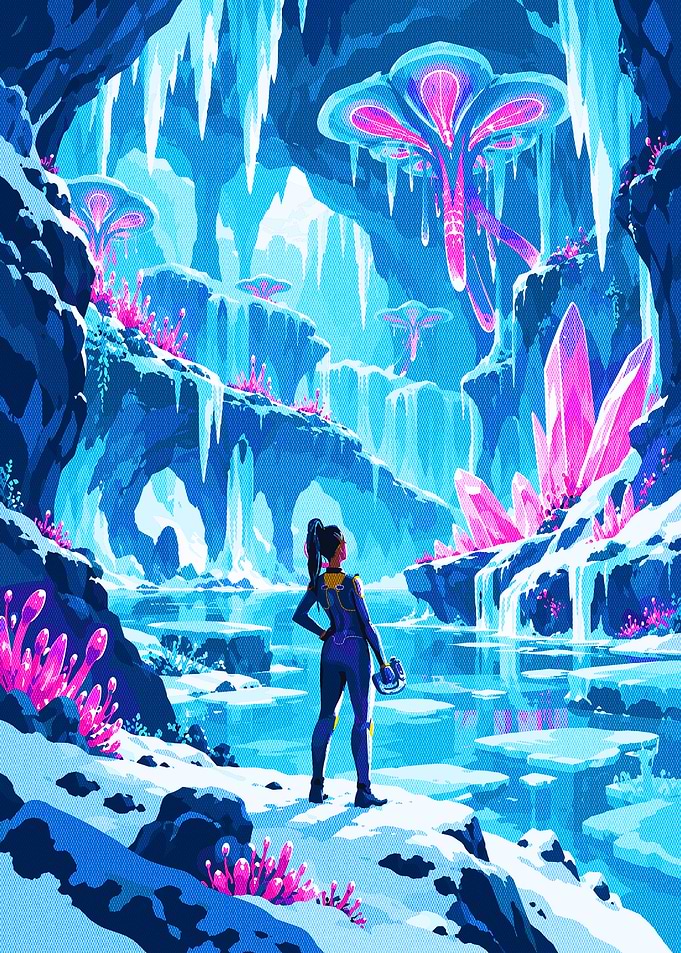 Explorer in a Bioluminescent Crystal Cave