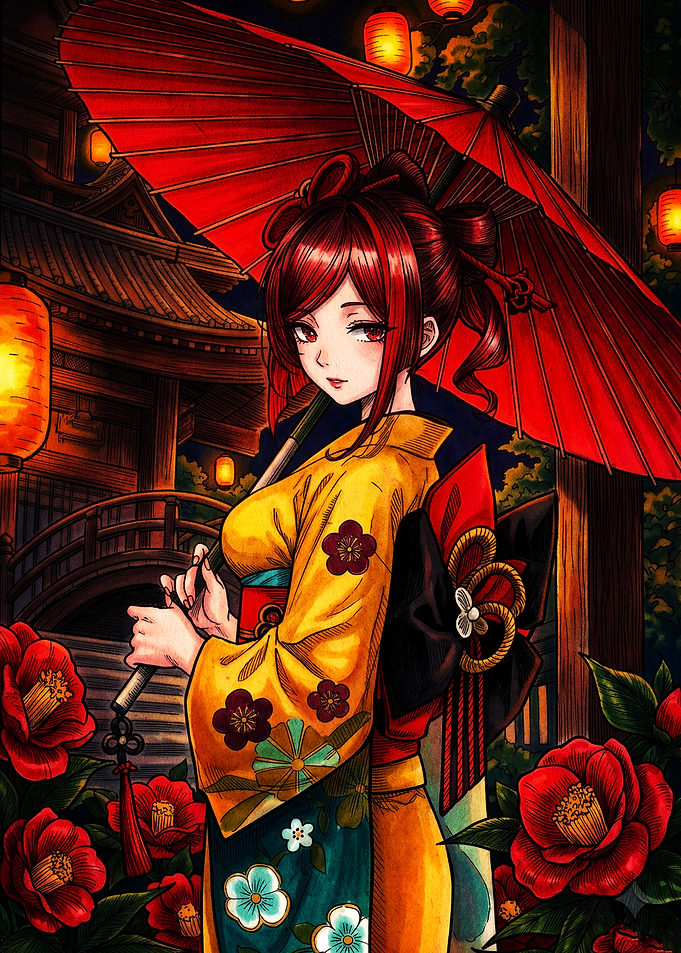 Anime Girl with Red Umbrella