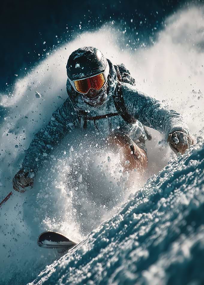 Skier carving through deep powder snow