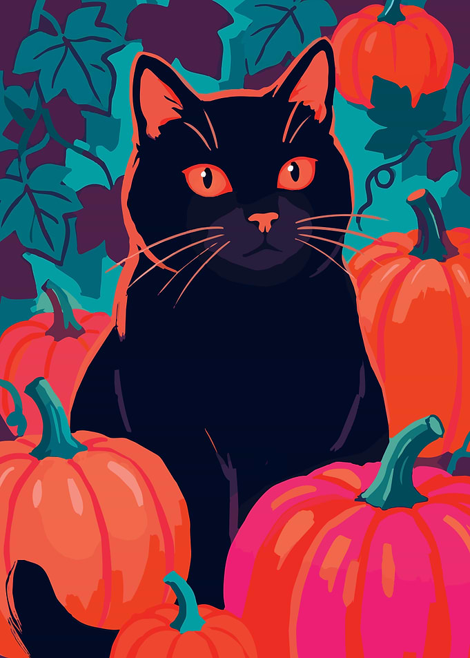 Black Cat in a Pumpkin Patch