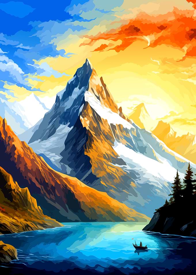 Majestic Mountain Lake Sunset Painting