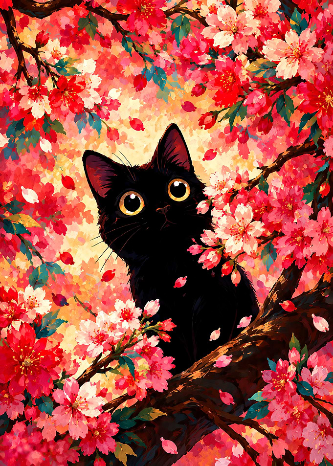 Black Cat in Cherry Blossoms