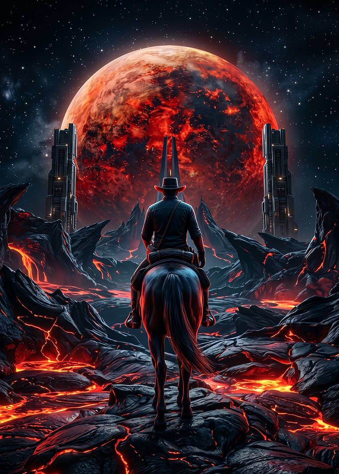 Cowboy Riding Through Volcanic Alien Landscape
