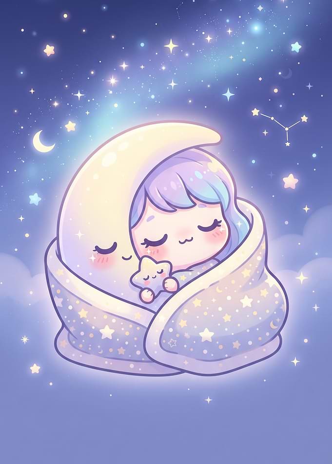 Cute Chibi Girl Sleeping on Moon
