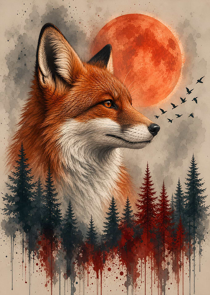 Watercolor Fox Under Red Moon