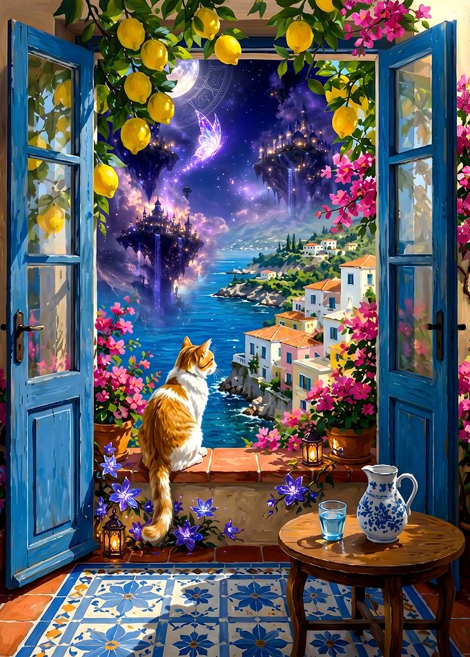 Cat Watching Magical Floating Islands