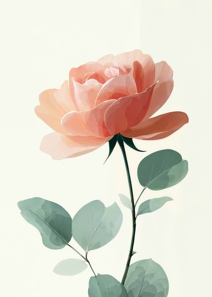 Single peach rose flower with green leaves