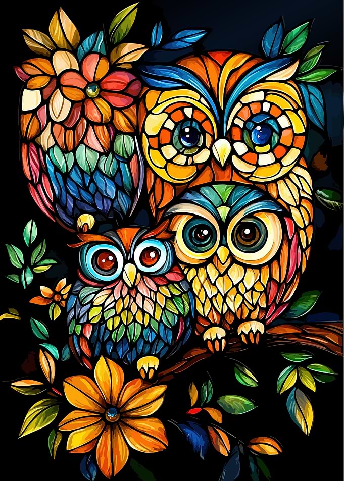 Stained Glass Style Colorful Owls