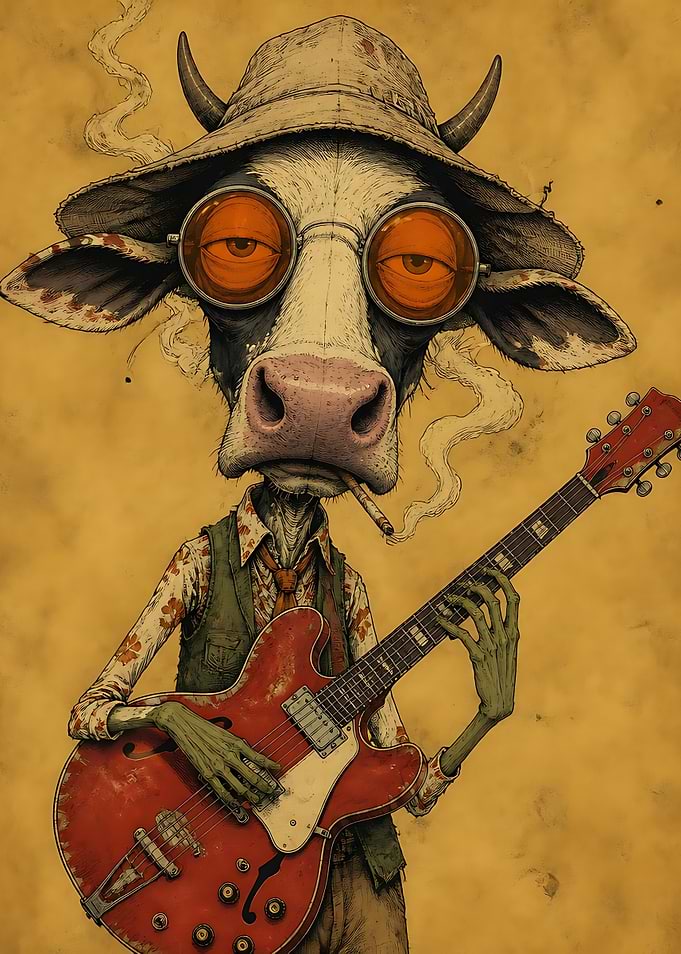 Cool Cow Musician with Red Guitar