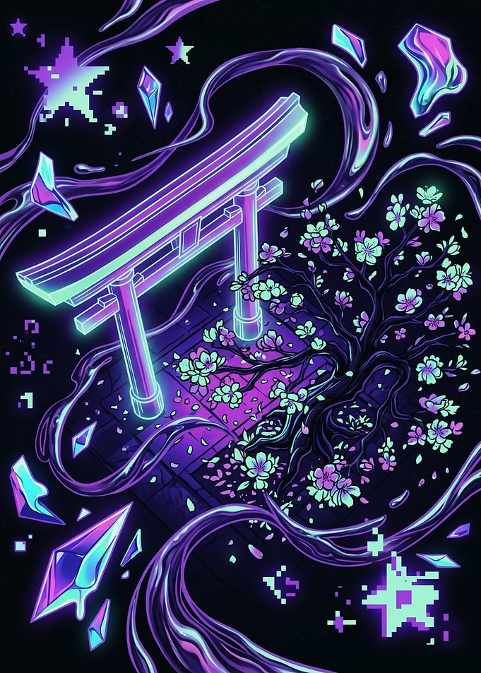 Neon Torii Gate and Cherry Blossom