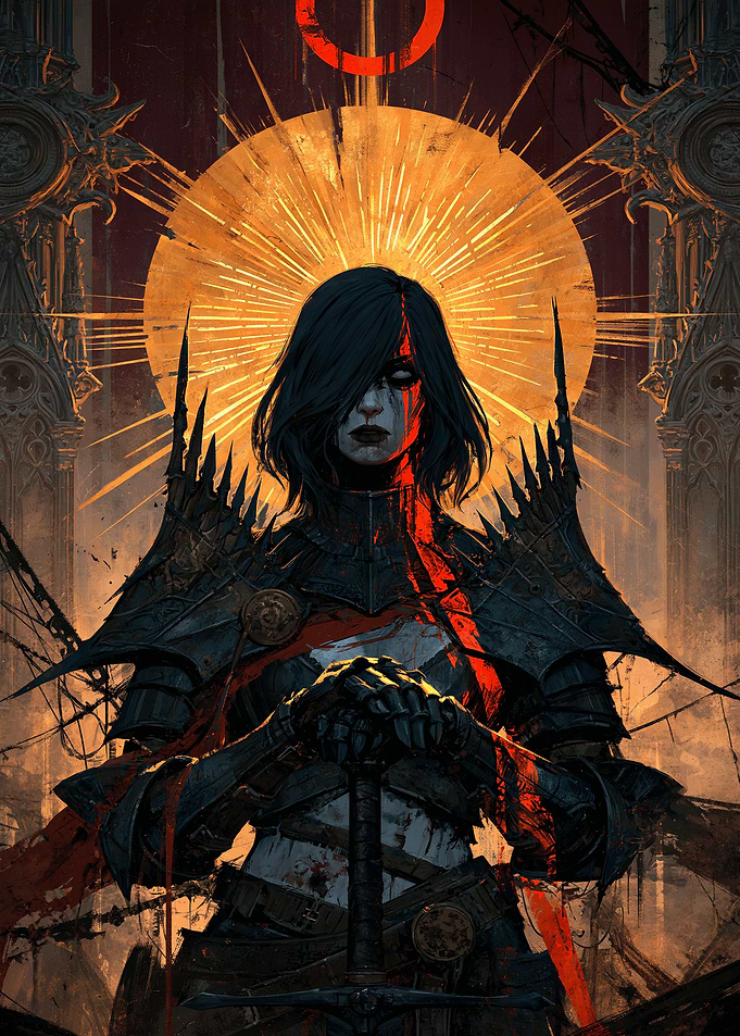 Dark Fantasy Warrior with Golden Halo