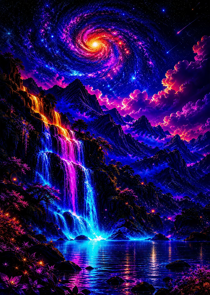 Neon Galaxy Waterfall Landscape