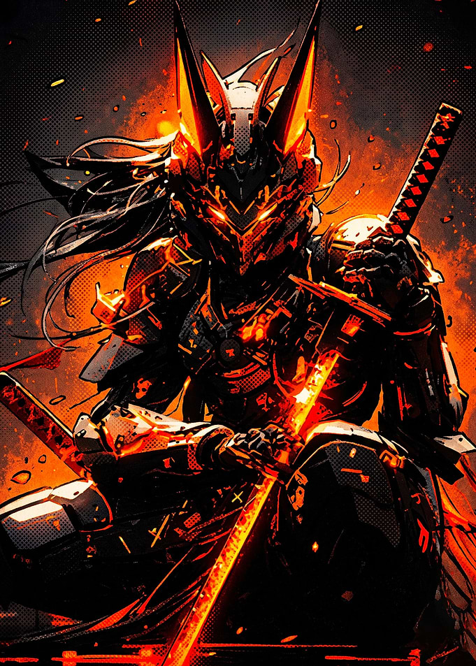 Cybernetic Samurai Warrior in Flames