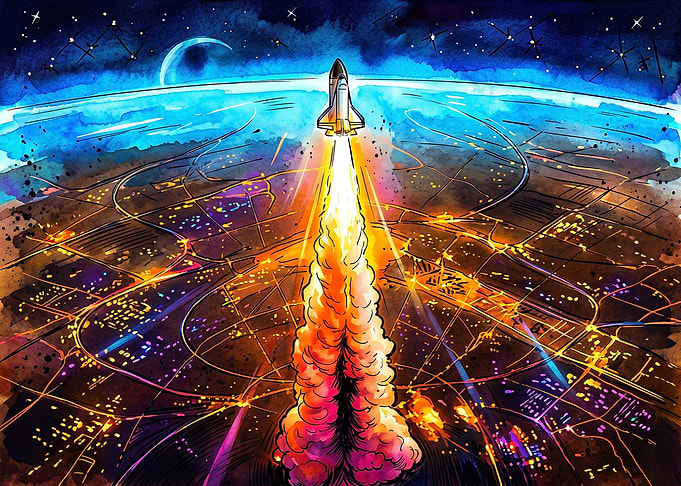 Space Shuttle Launching Over City