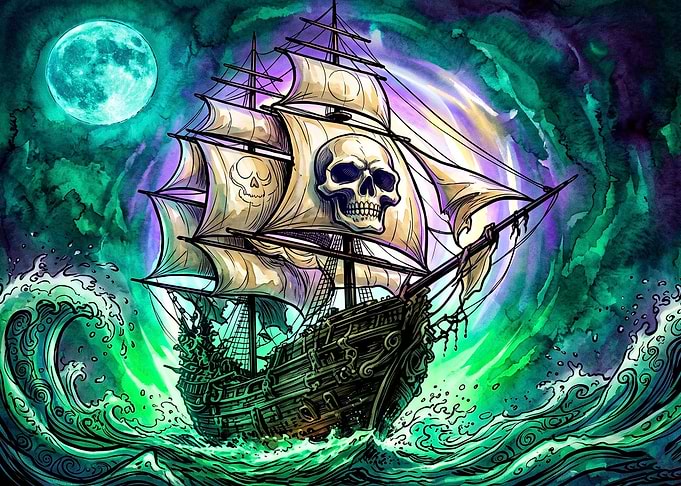 Ghost Pirate Ship Under Full Moon