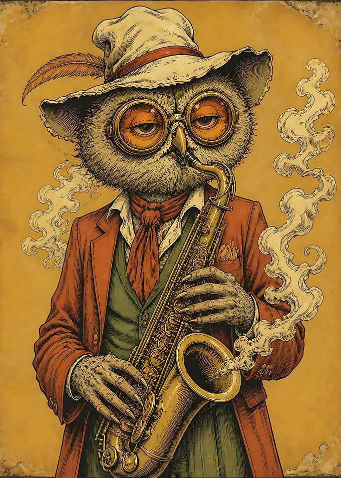 Sophisticated Owl Playing Jazz Saxophone