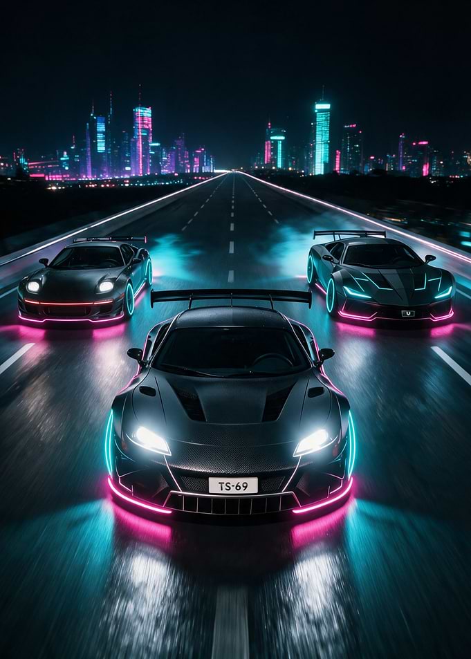 Formation Cyberpunk Supercars Racing at Night