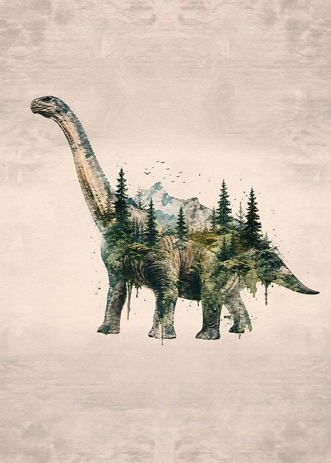 Double Exposure Dinosaur Forest Landscape