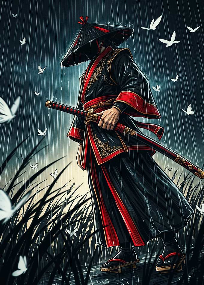 Samurai in the Rain with Butterflies